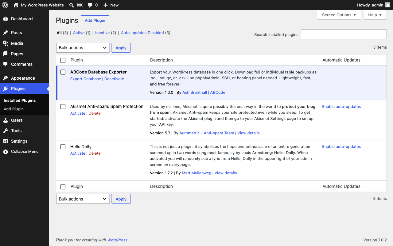 Plugin action link on the Plugins screen for quick access