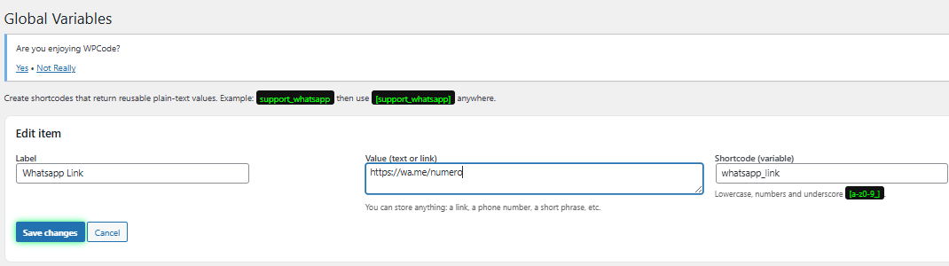 Edit screen showing a sample global value and its shortcode.