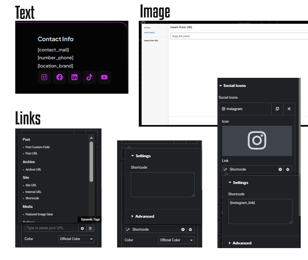 Different ways to use a global value: as plain text using the shortcode, inside image and link fields, and through dynamic shortcode options in compatible builders.