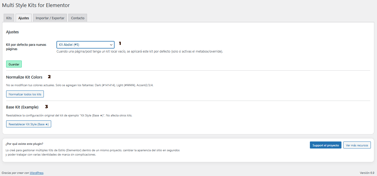 **Plugin Settings:** Configure default kits for new pages.