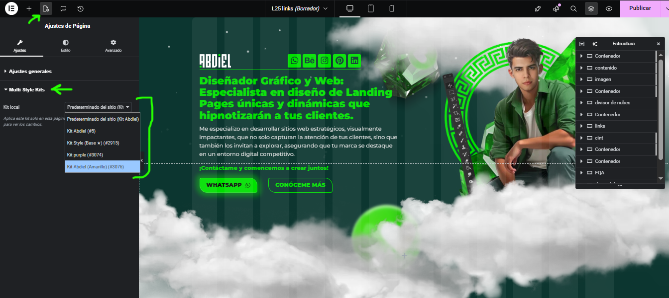 **Elementor Editor Integration:** Located inside Page Settings (gear icon) > Multi Style Kits.