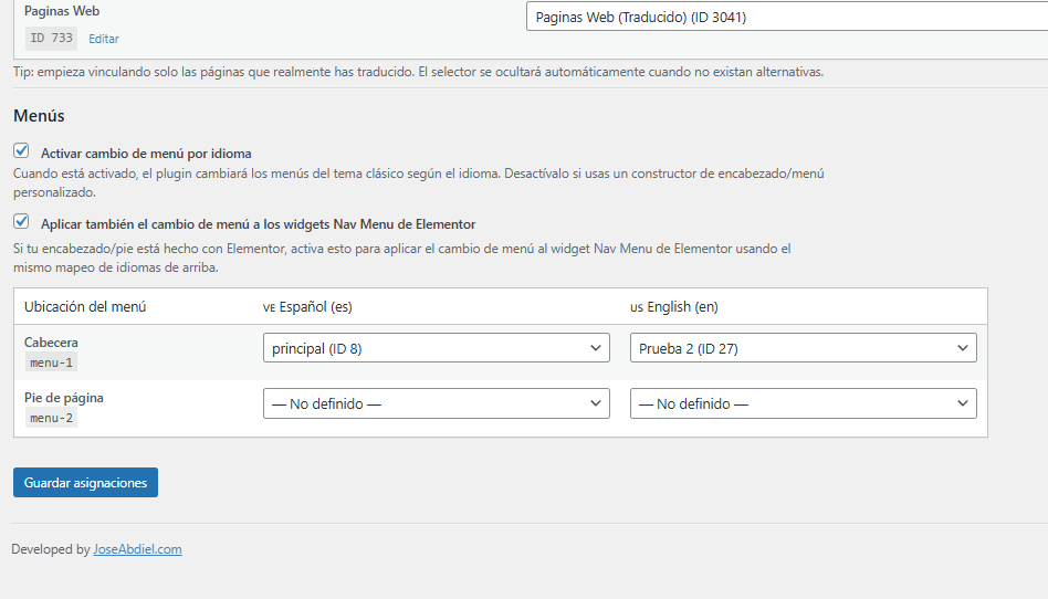 Menu assignments per language\