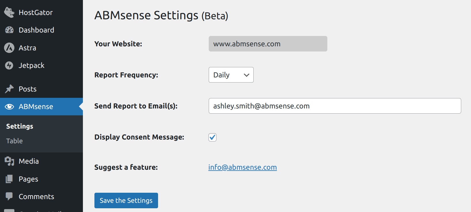 Screenshot of ABMsense settings page