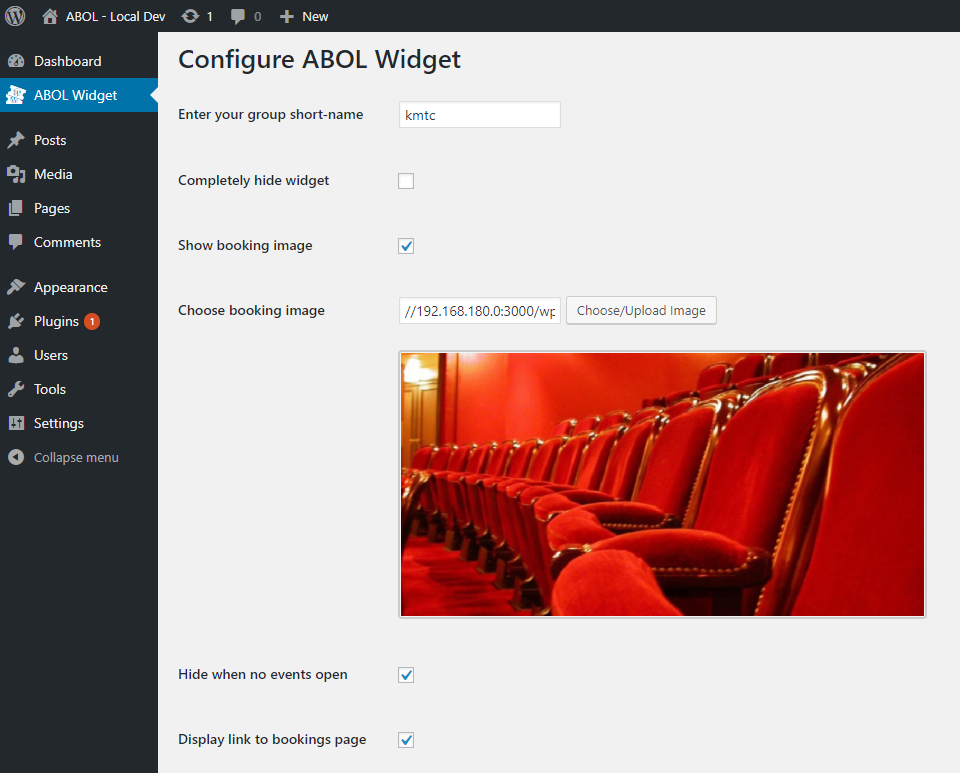 The configuration page for the widget