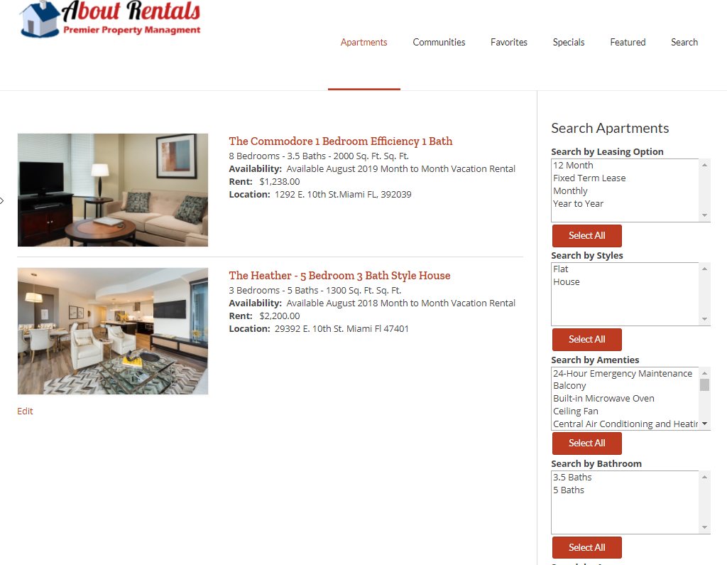The Leasing Specials Page: Easily incorporate a our Leasing Specials Shortcode on any page in your wordpress website.  The leasing specials can be applied to any apartment in your About Rentals system and they can be set to show or expire on certain dates in the future.