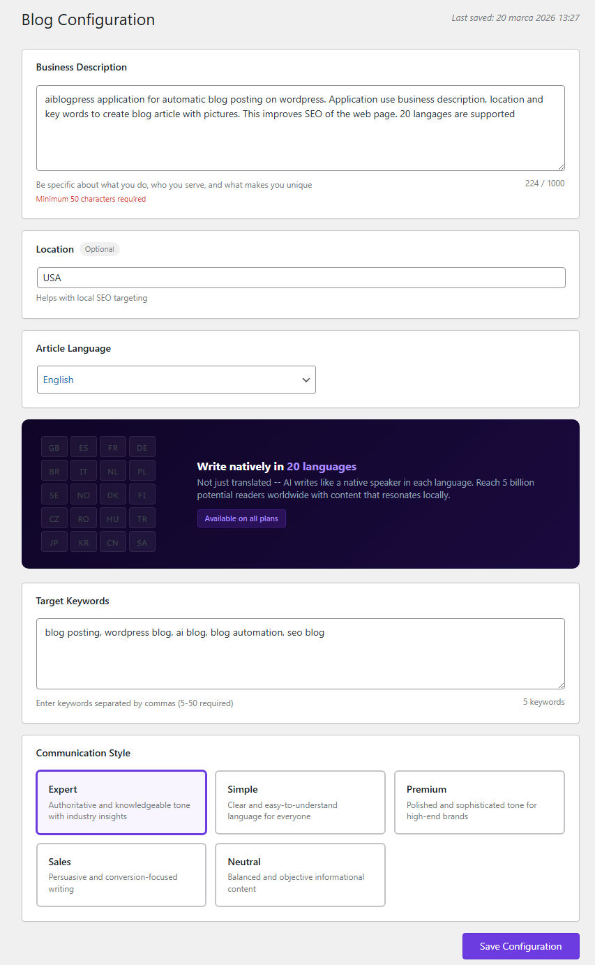 4-step onboarding wizard for configuring your blog.