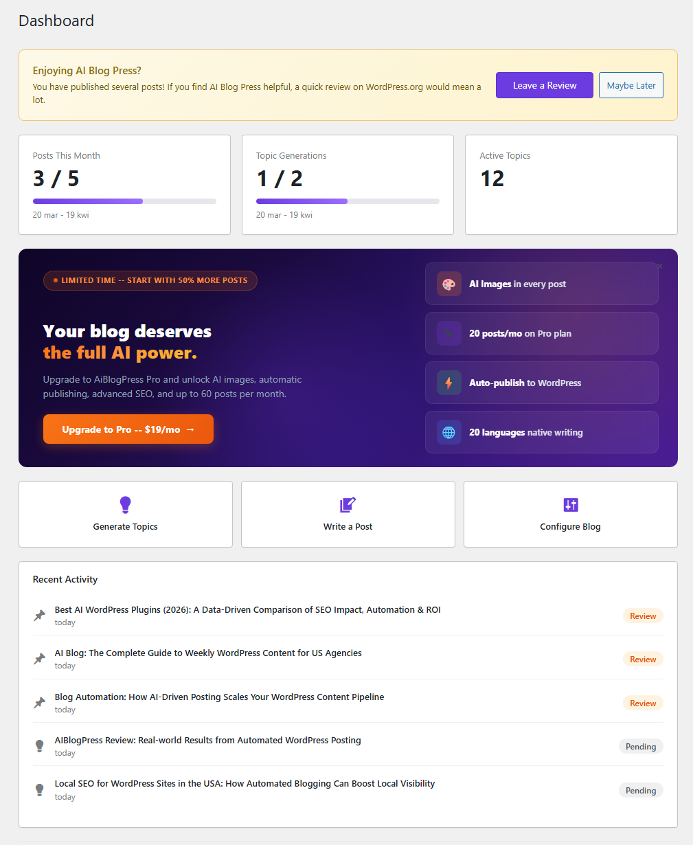 Usage dashboard showing stats and recent activity.