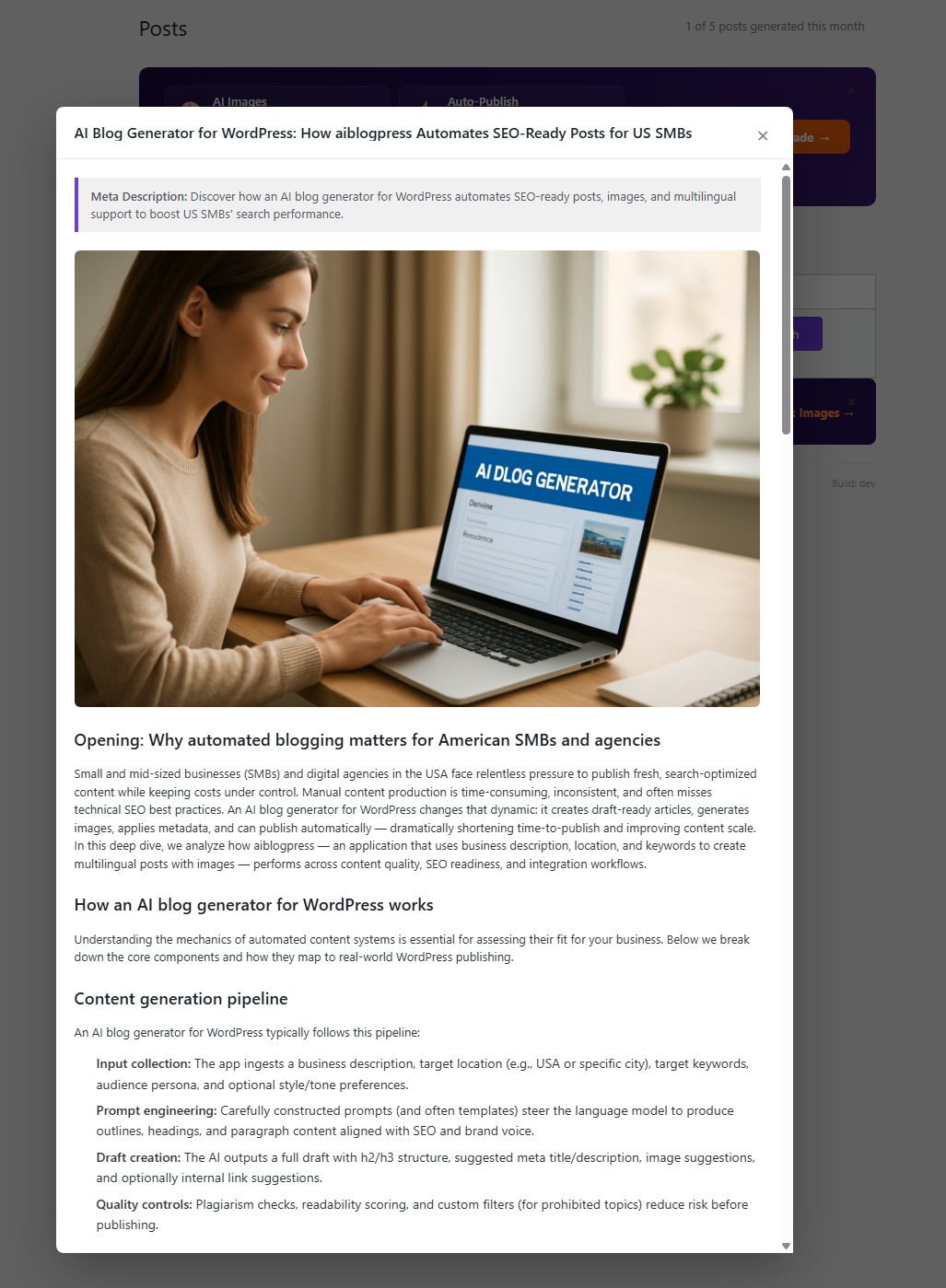 Full post preview with meta description before publishing.