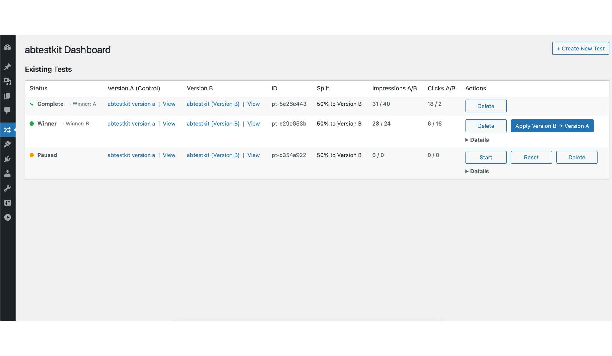 abtestkit Dashboard with full page tests.
