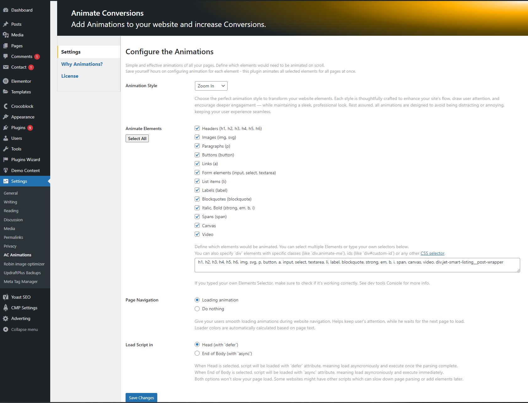 AC Animations Settings Page