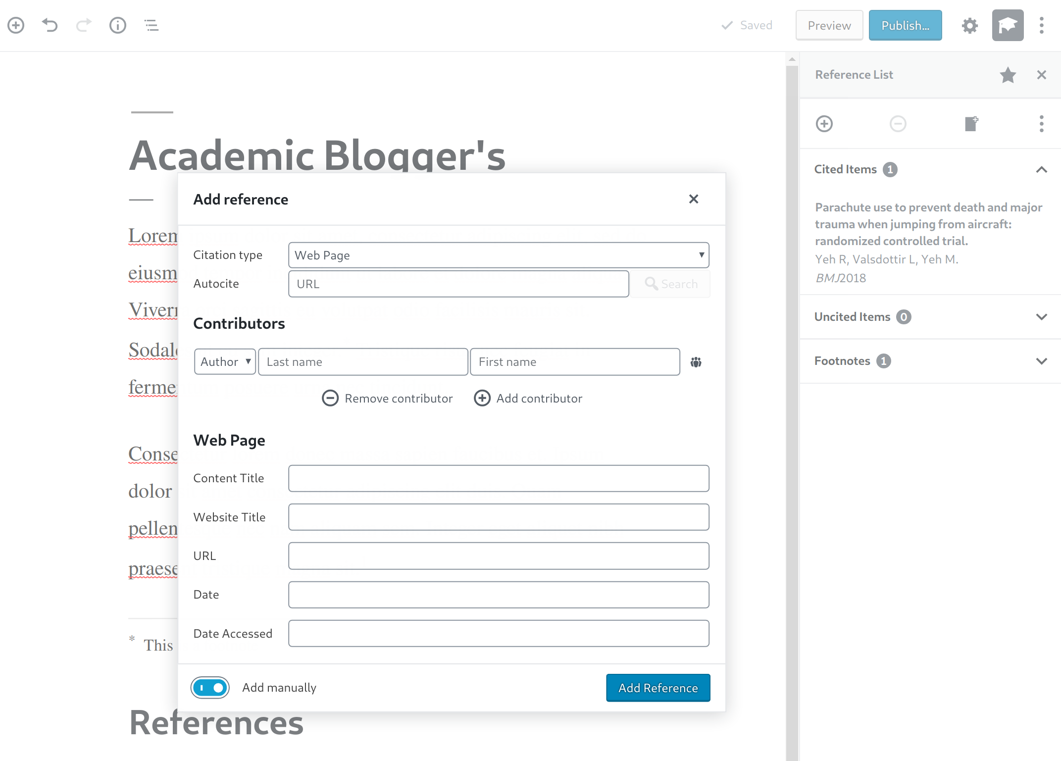 Overview of the manual reference insertion screen.
