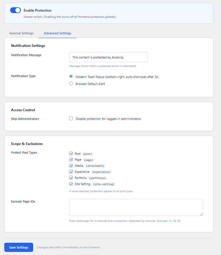 The Advanced Settings tab for configuring custom notifications and access control.