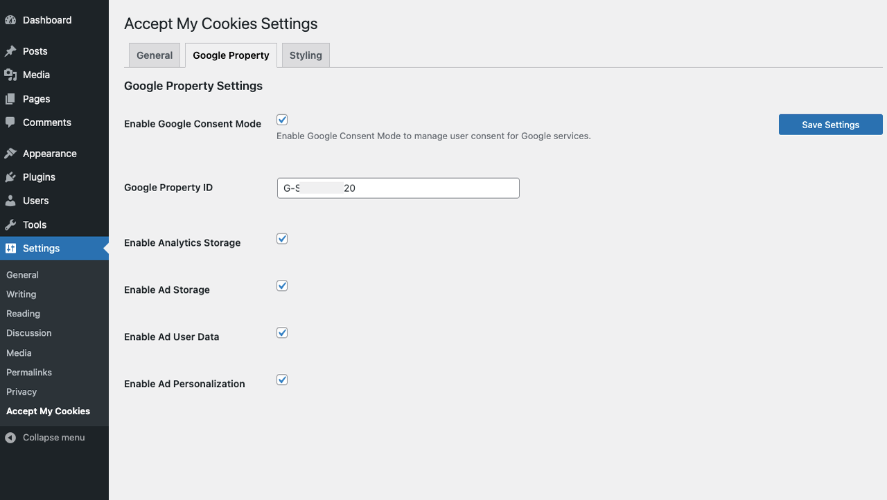 Plugin Settings - Google Property