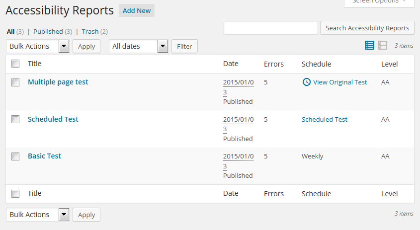 Accessibility Reports list