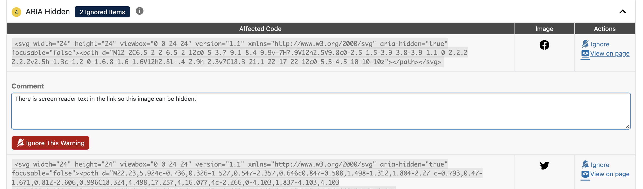 Example of an ignored error, including the username and date/time the error was ignored. Ignored errors and warnings can be reopened if ignored incorrectly.