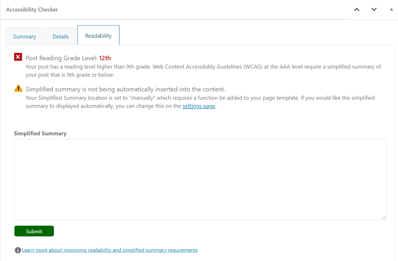 Accessibility Checker Summary tab on a page with no accessibility error or warnings and an included simplified summary.
