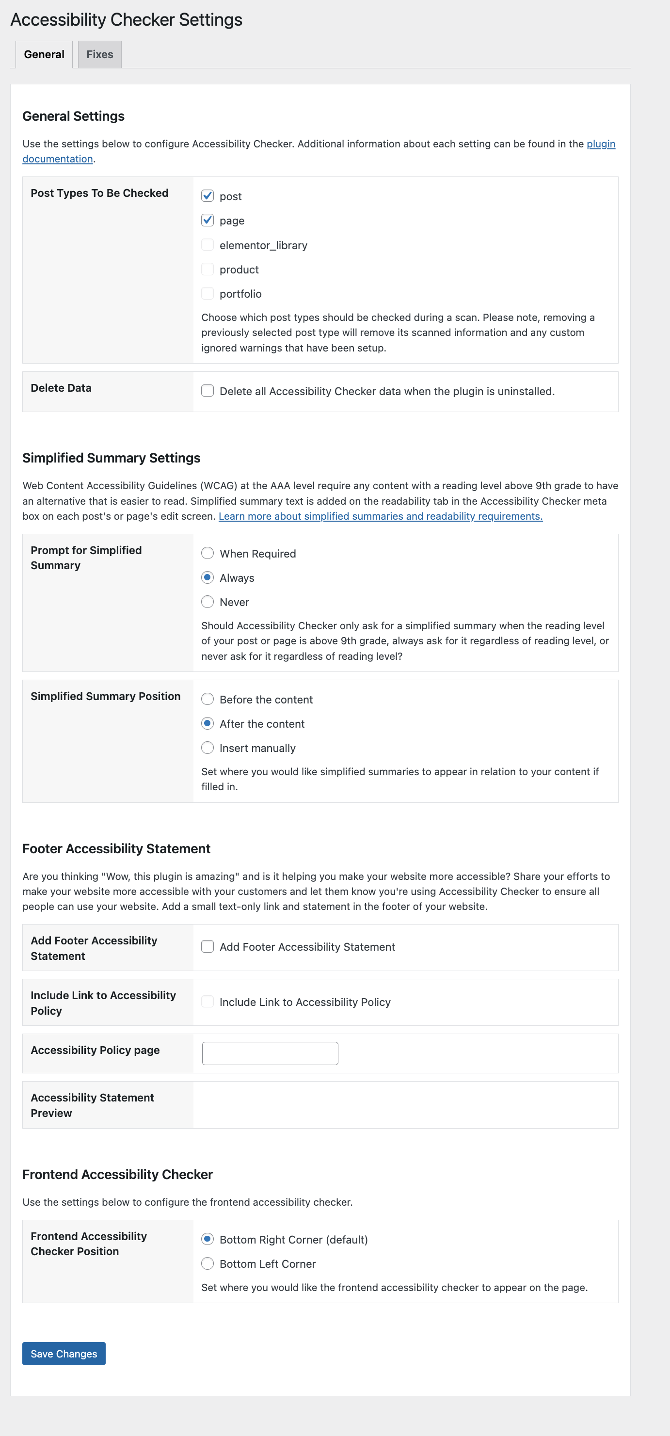 Accessibility Checker automated fix settings.