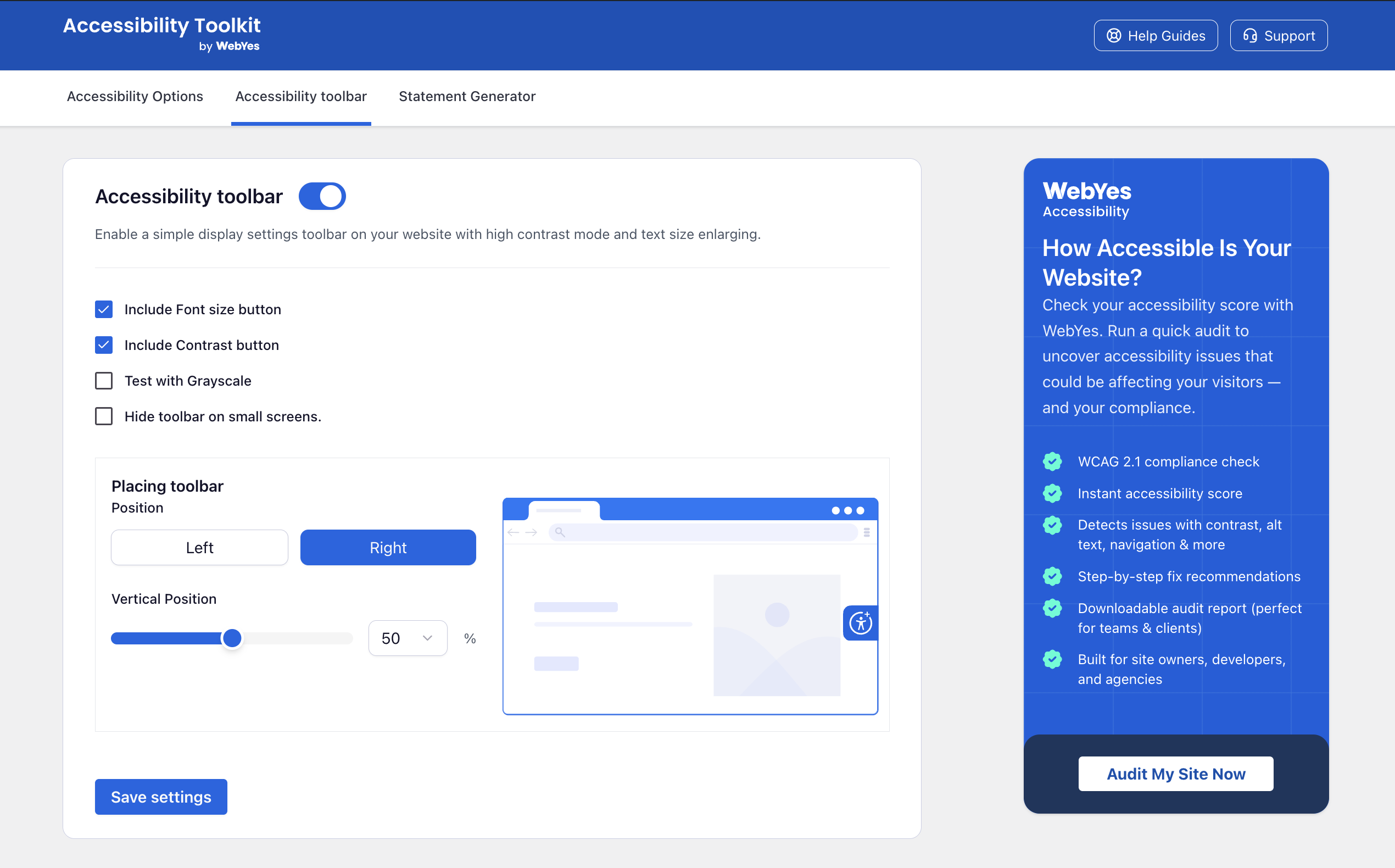 Accessibility Toolbar for WordPress backend options