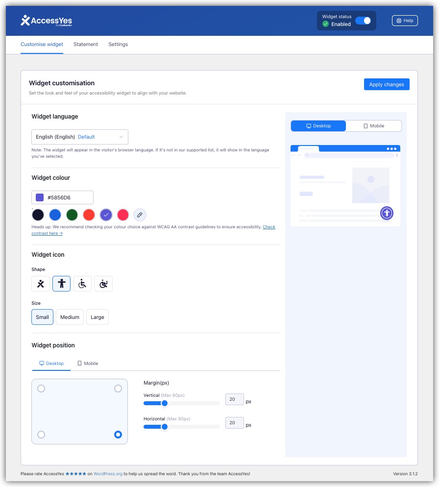Customise widget color, size, and position.