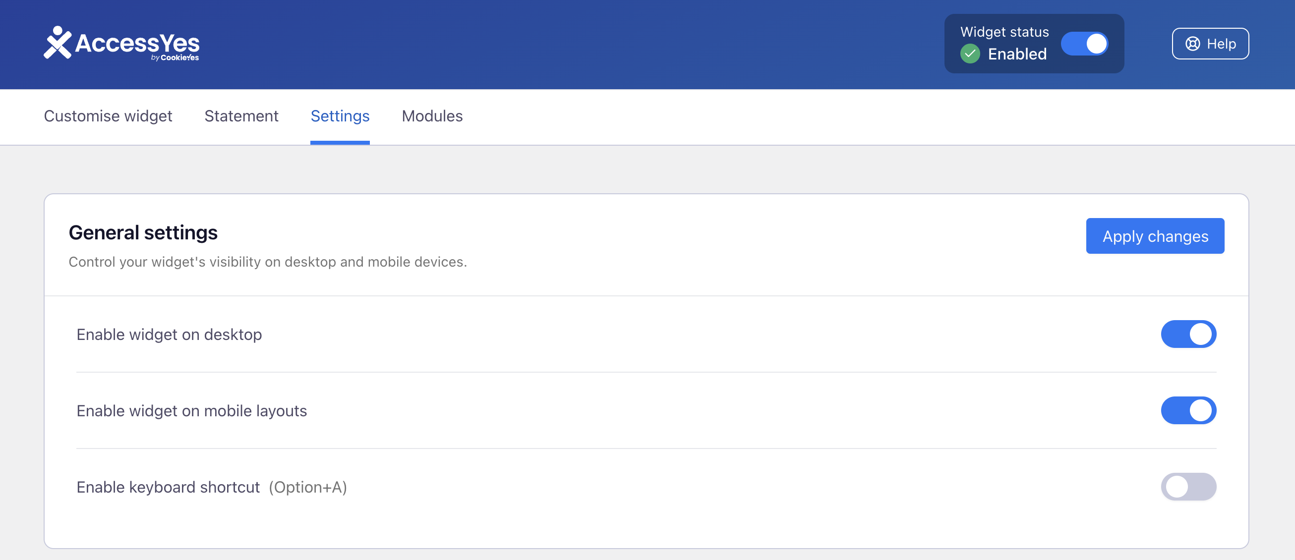 Accessibility overlay general settings.