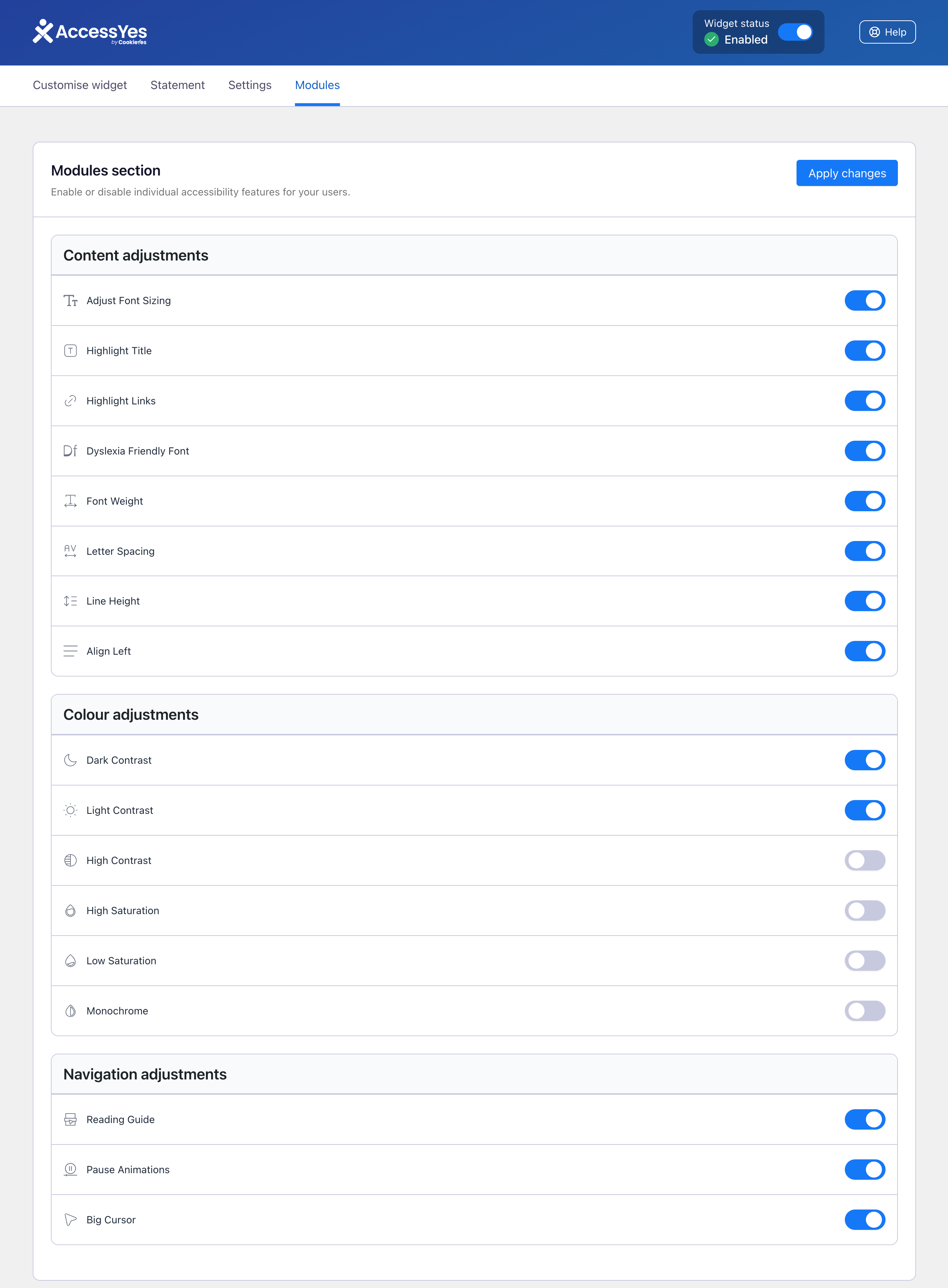 Customise individual accessibility features for front-end users.