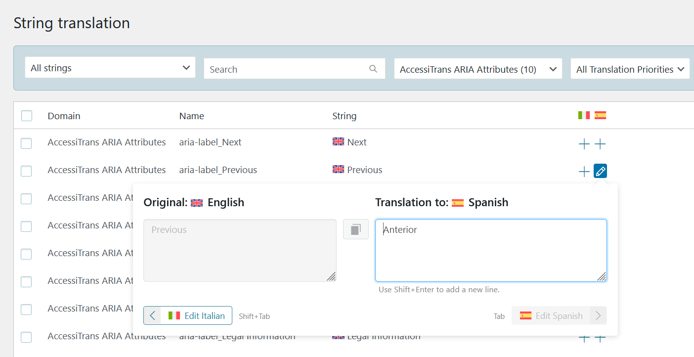 WPML String Translation interface displaying ARIA attributes ready for translation