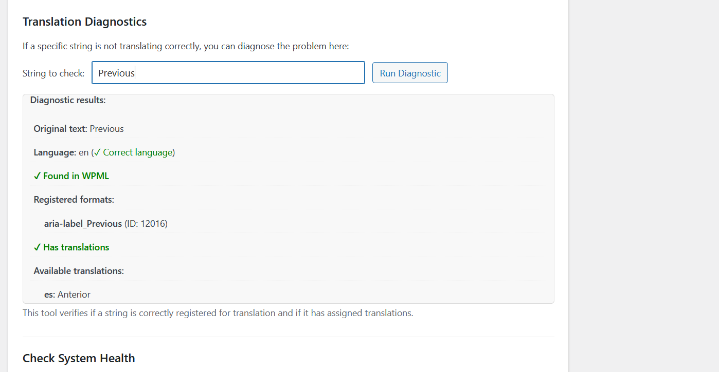 Diagnostic tools interface for troubleshooting translations
