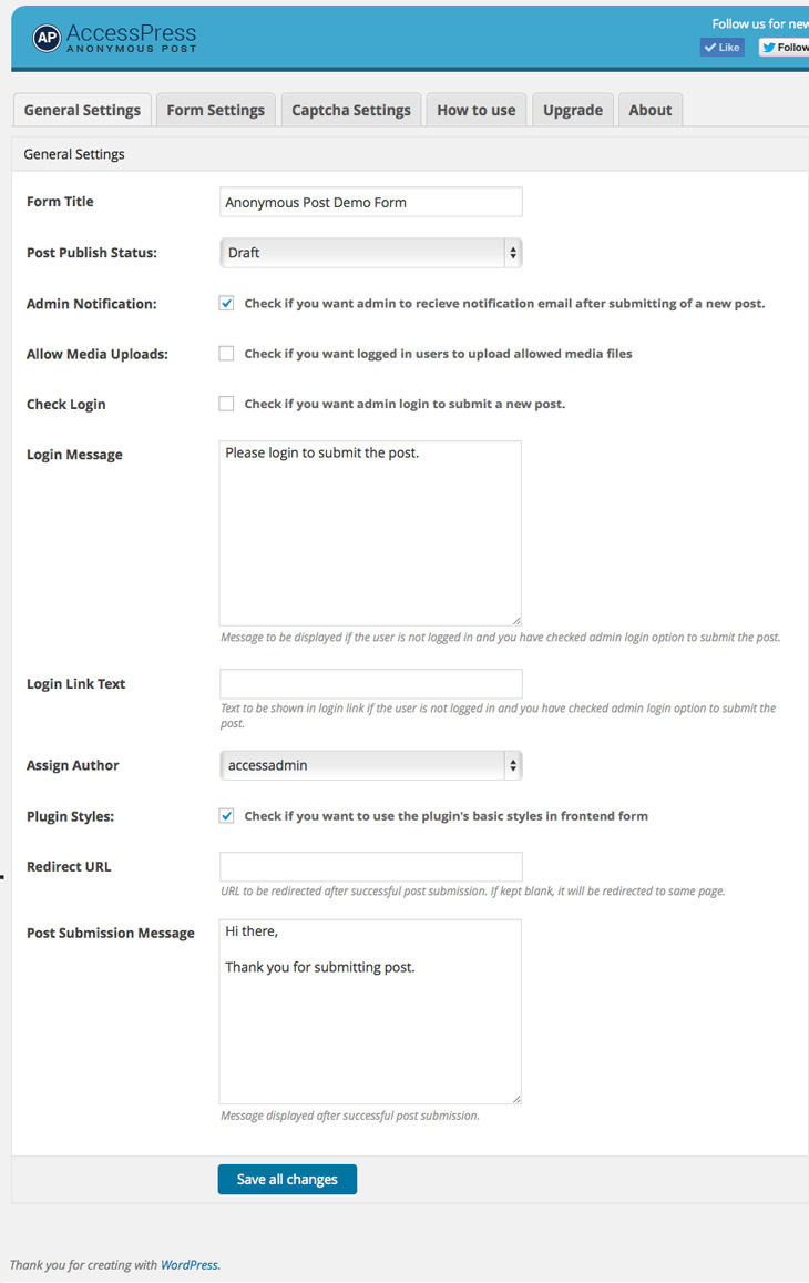Backend General settings Panel