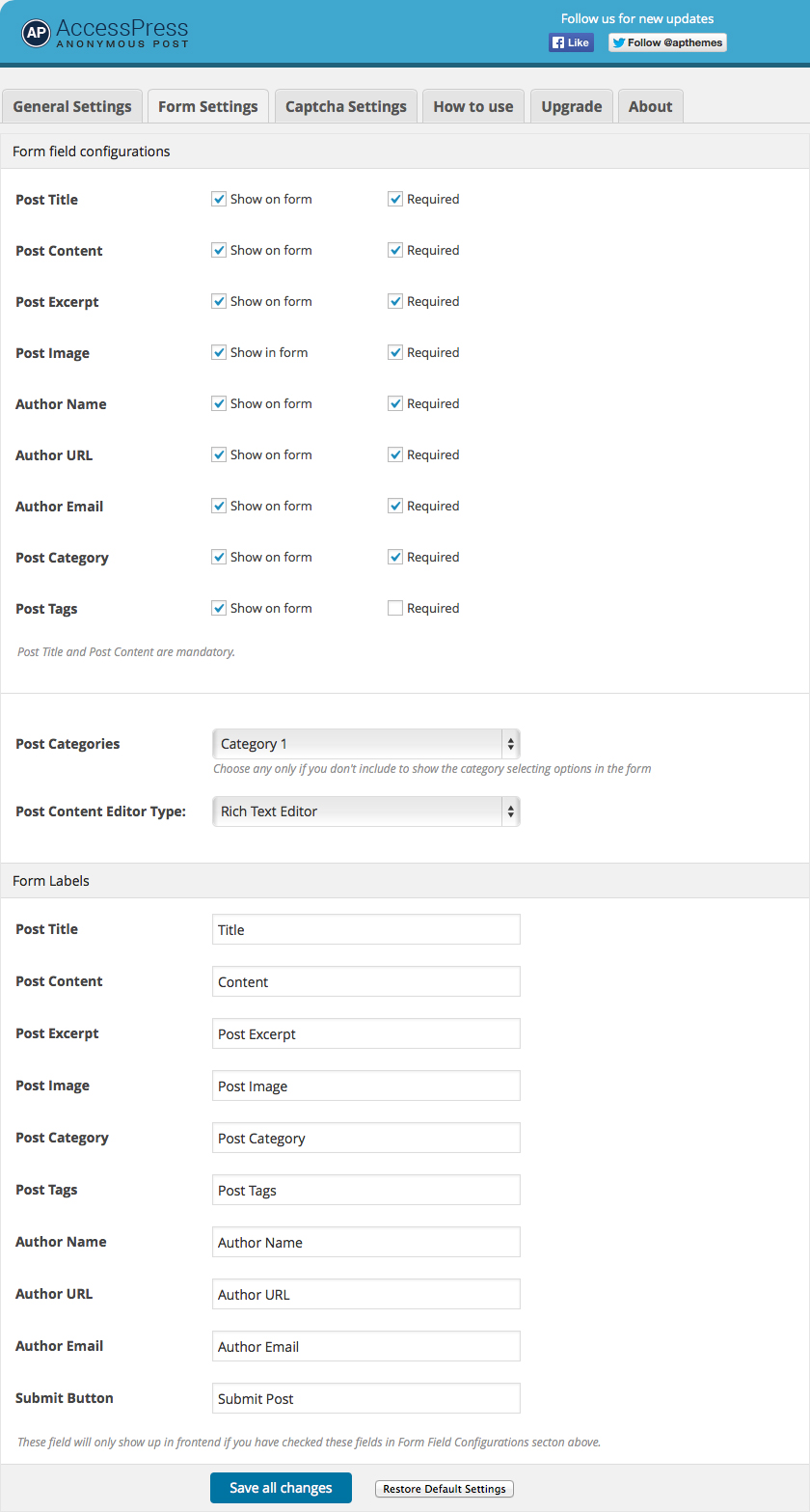 Backend Form Settings Panel