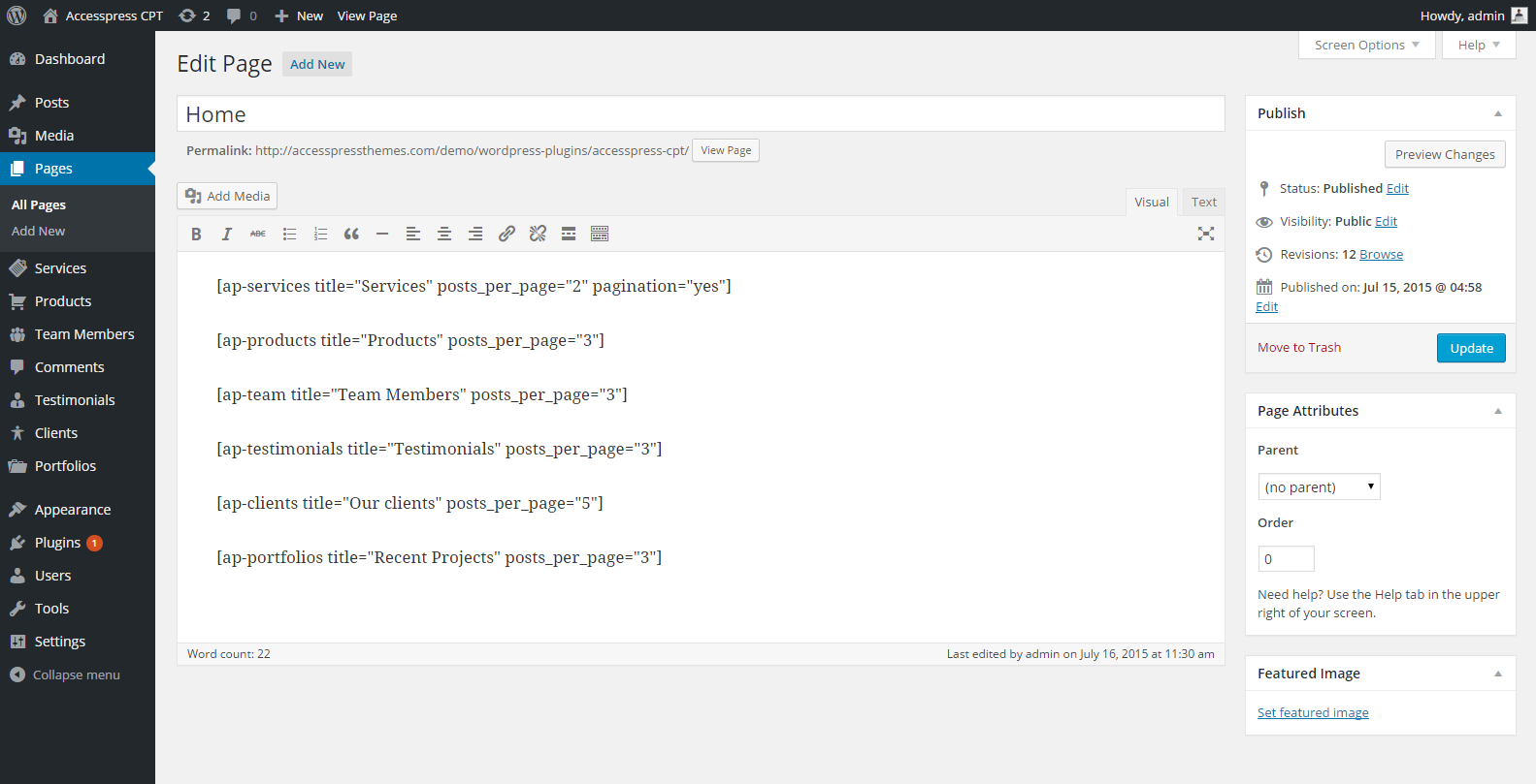 Shortcodes for each section