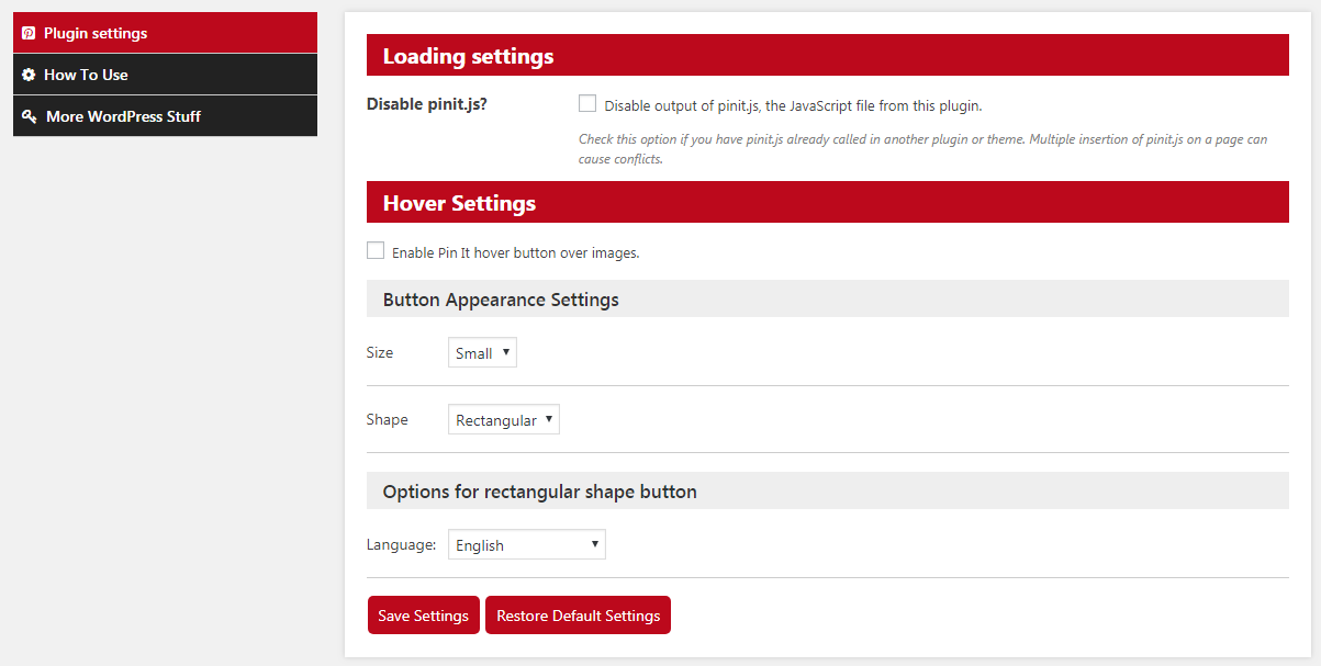 Backend Pinterest Settings.