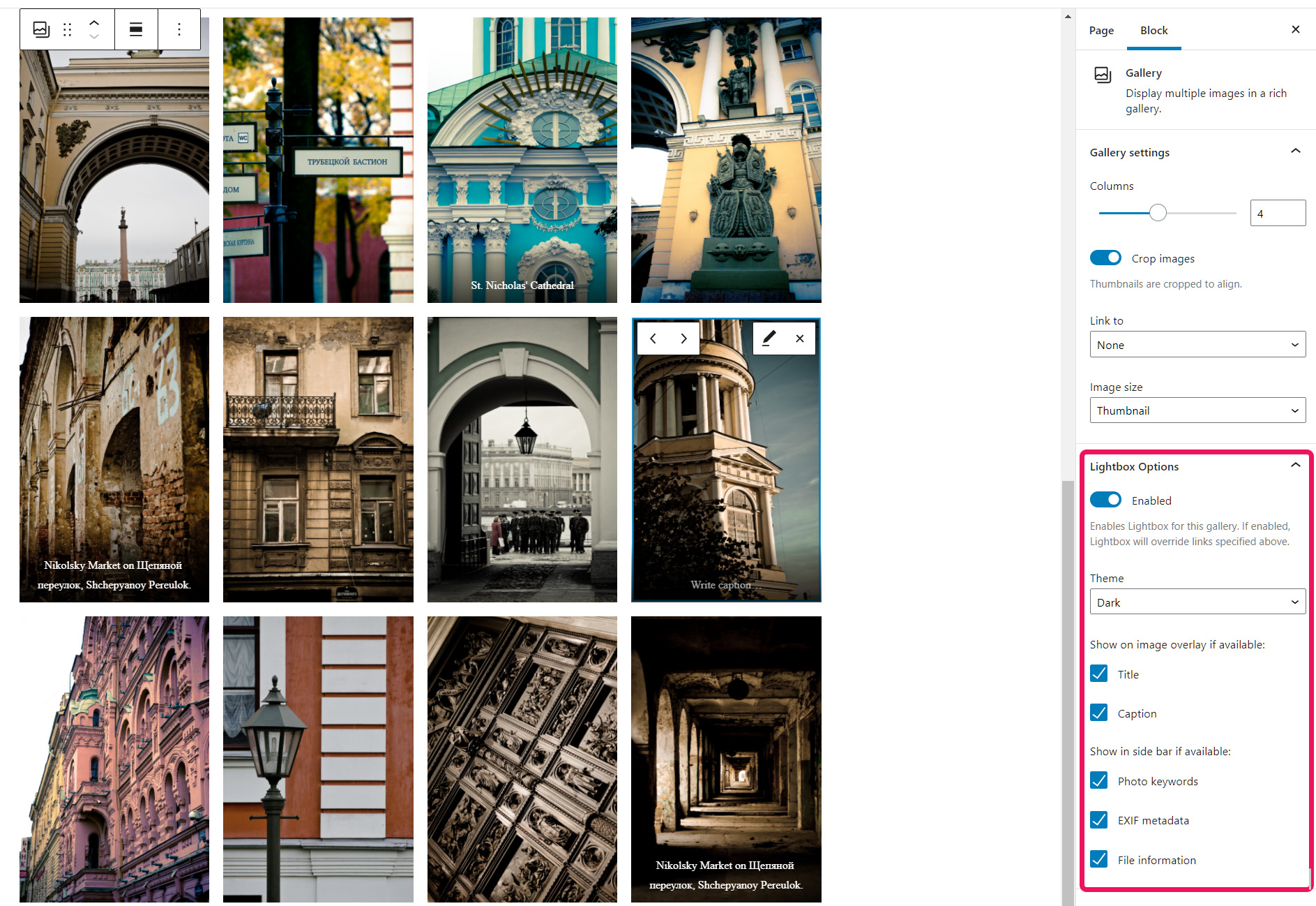 Dark theme. Choose between a light or dark theme for each gallery or image.