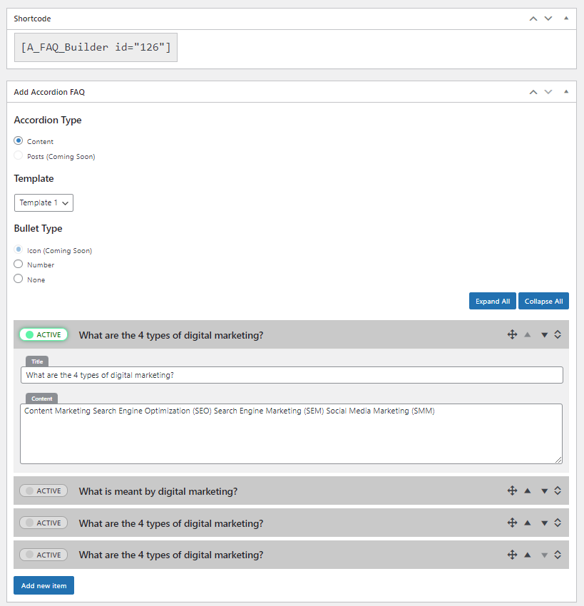Create new Accordion FAQ