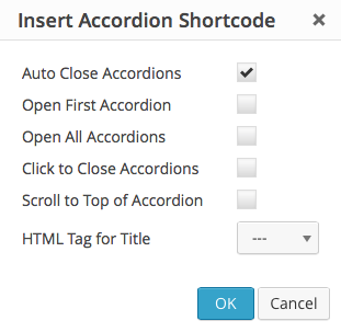 The Accordion Group and Accordion Item shortcode buttons in the editor