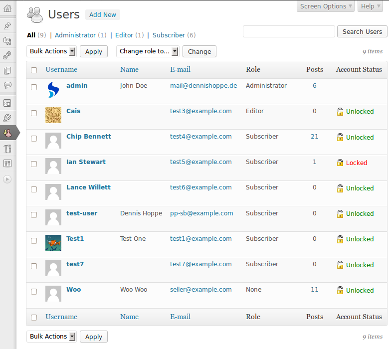 User management page with account status column