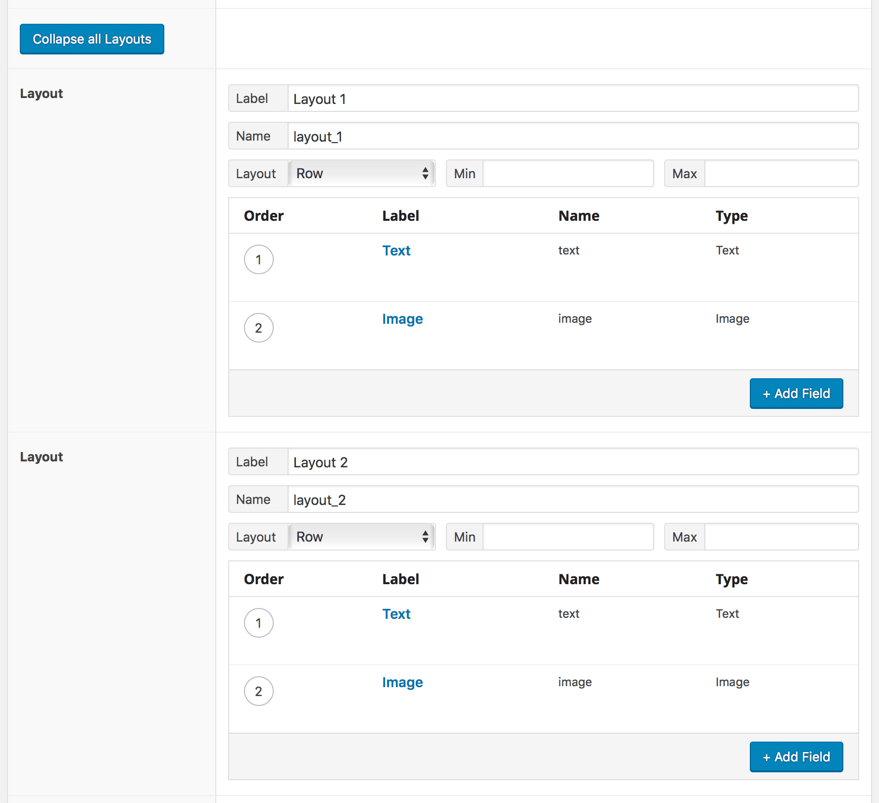 The expanded view of the layouts in the field editor with the new button to collapse/expand all layouts at once