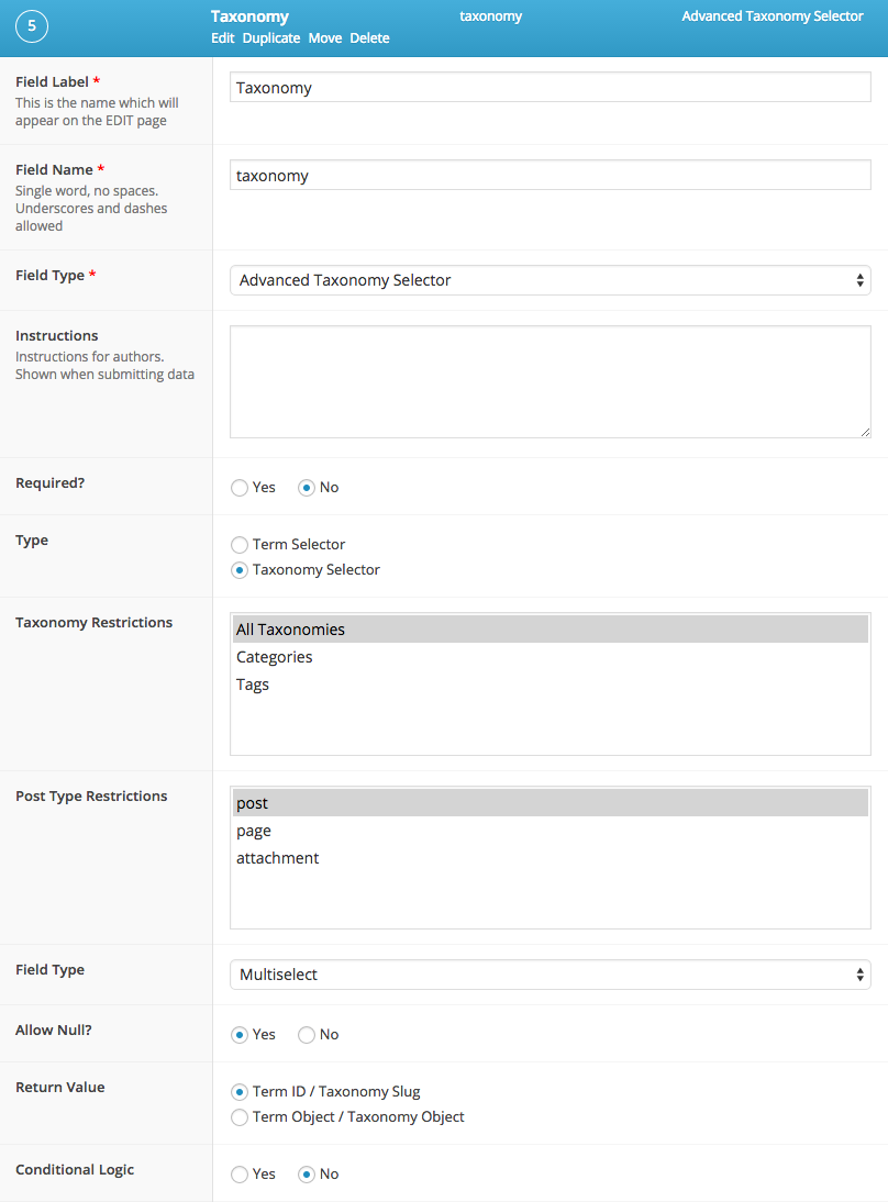ACF control for field creation