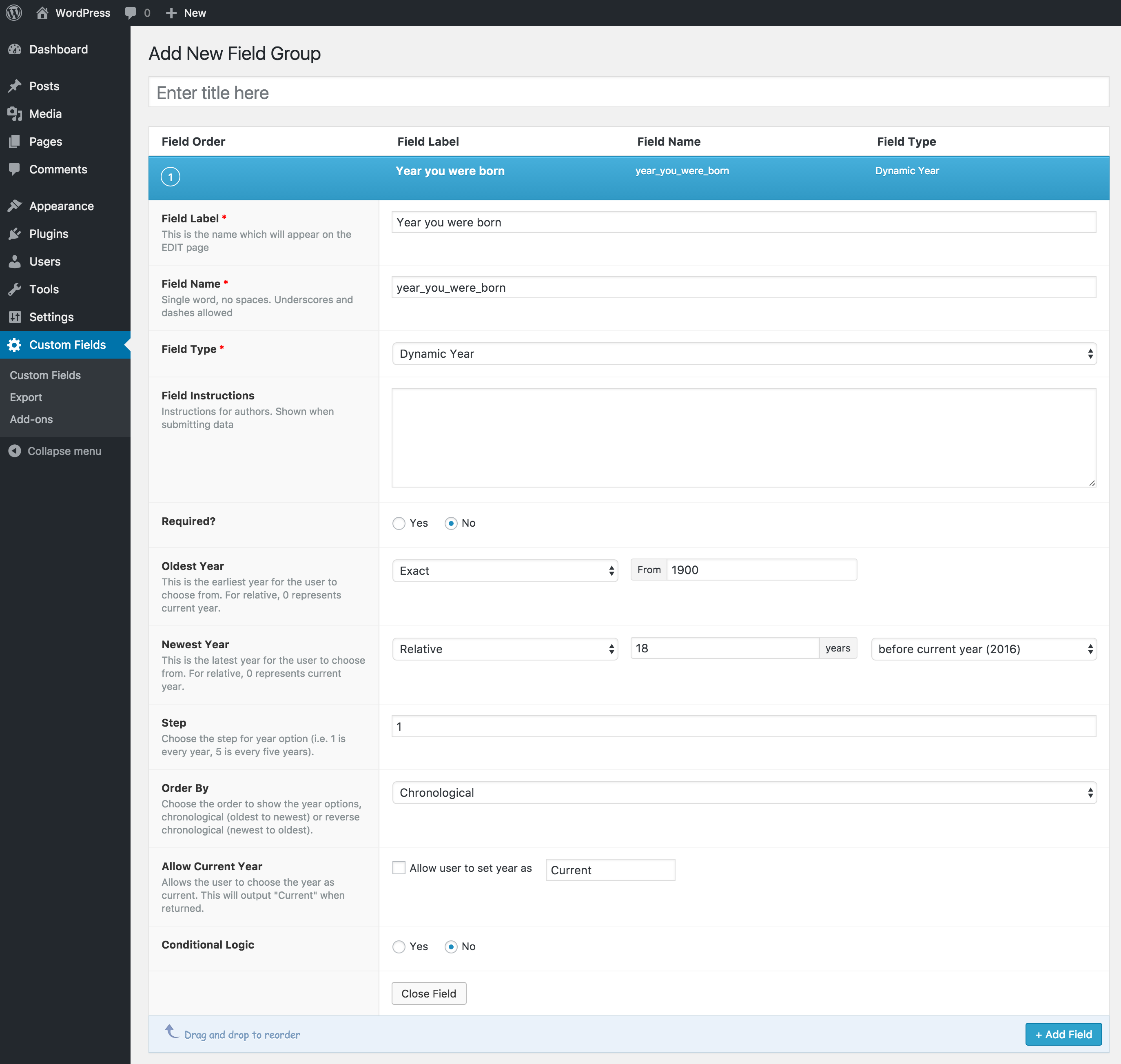 This screen shot show you the options for the Dynamic Year field type for Advanced Custom Fields