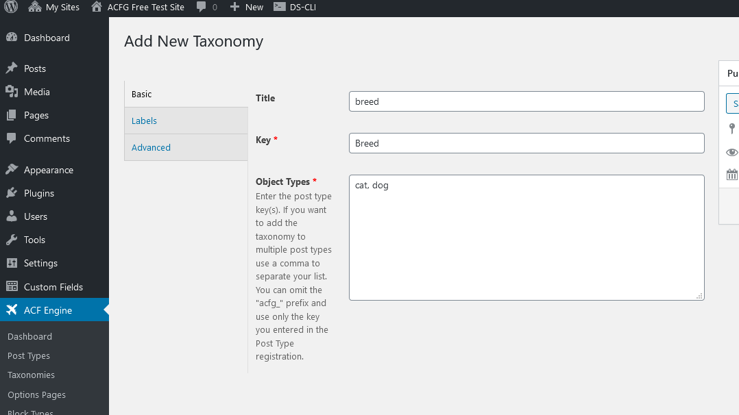 Taxonomy Editor - ACF Engine provides an ACF tabbed UX for registering custom taxonomies. All options for taxonomy registration are provided. With minimal settings a taxonomy can be setup and associated with your custom post types in under 10-seconds.
