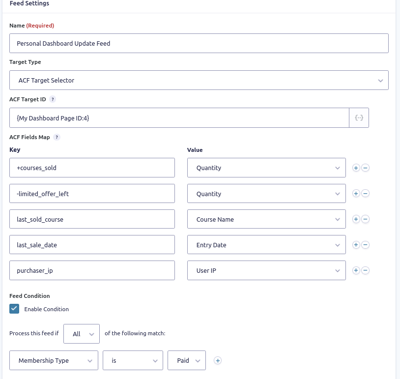 Complex feed example: dynamic target, add & subtract accumulators, conditional feed