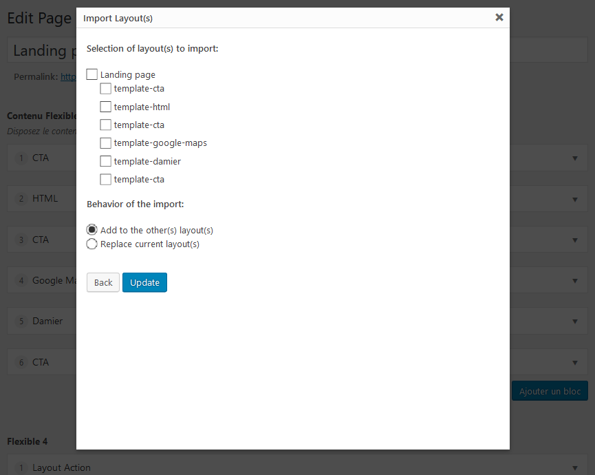 Import layout modal second step "Select Layout"