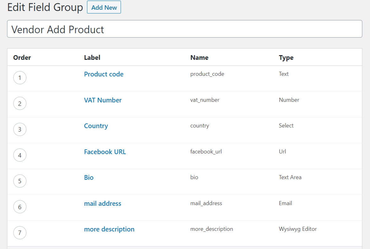 It shows list of all the fields enabled for vendor to add/edit.