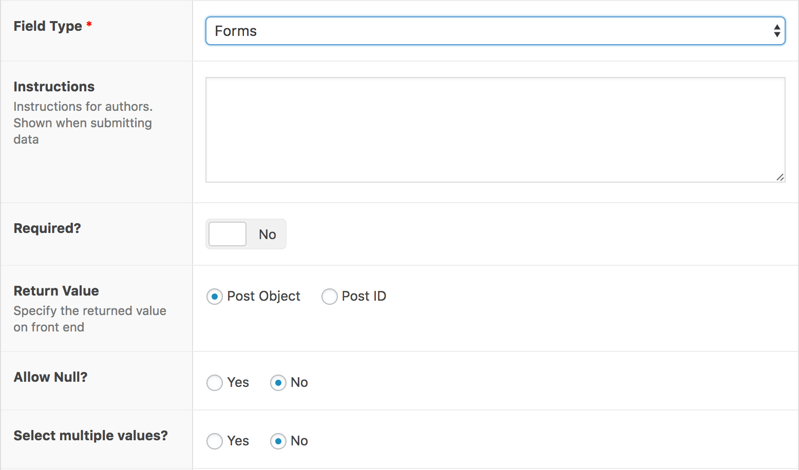 You can select Form as a field type while adding an ACF Field.