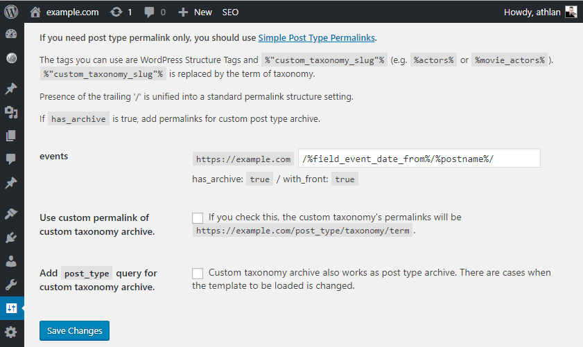 Custom post types Pemralink settings