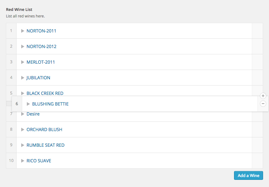 With ACF Repeater Editor Accordion plugin, reordering rows is easy