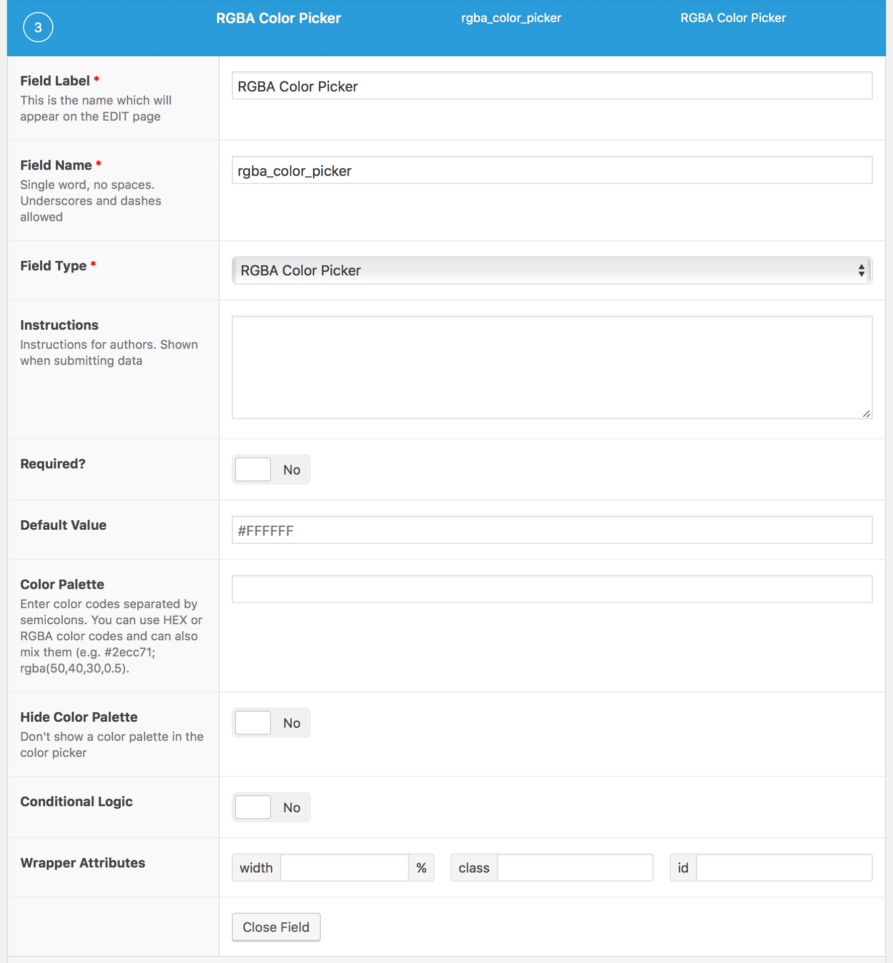 The RGBA Color Picker field settings