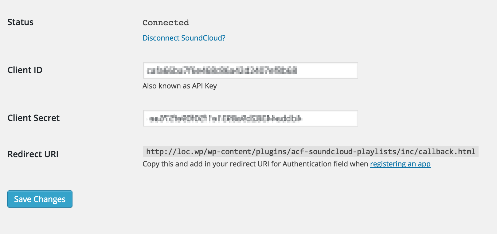 Configuring SoundCloud with your API keys.