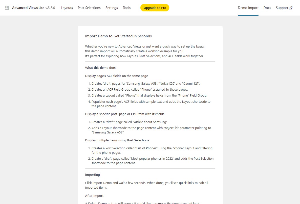 Get a basic setup in seconds with Demo import.