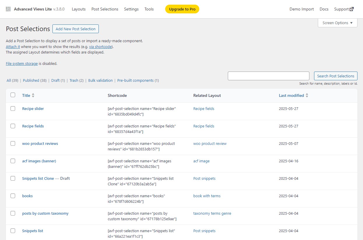 Query items with Post Selections and display using the selected Layout.