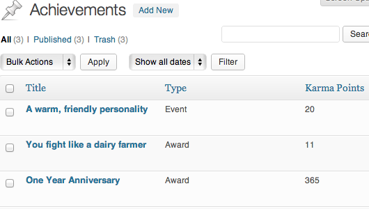 Admin management screen showing a list of all achievements